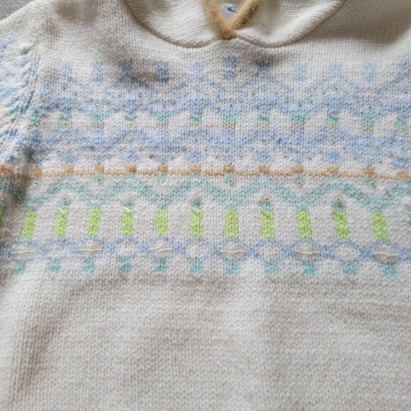 Old Navy Girls Hooded Knit Pullover Sweater With Beaded Pattern Ivory Blue Green - Picture 4 of 4